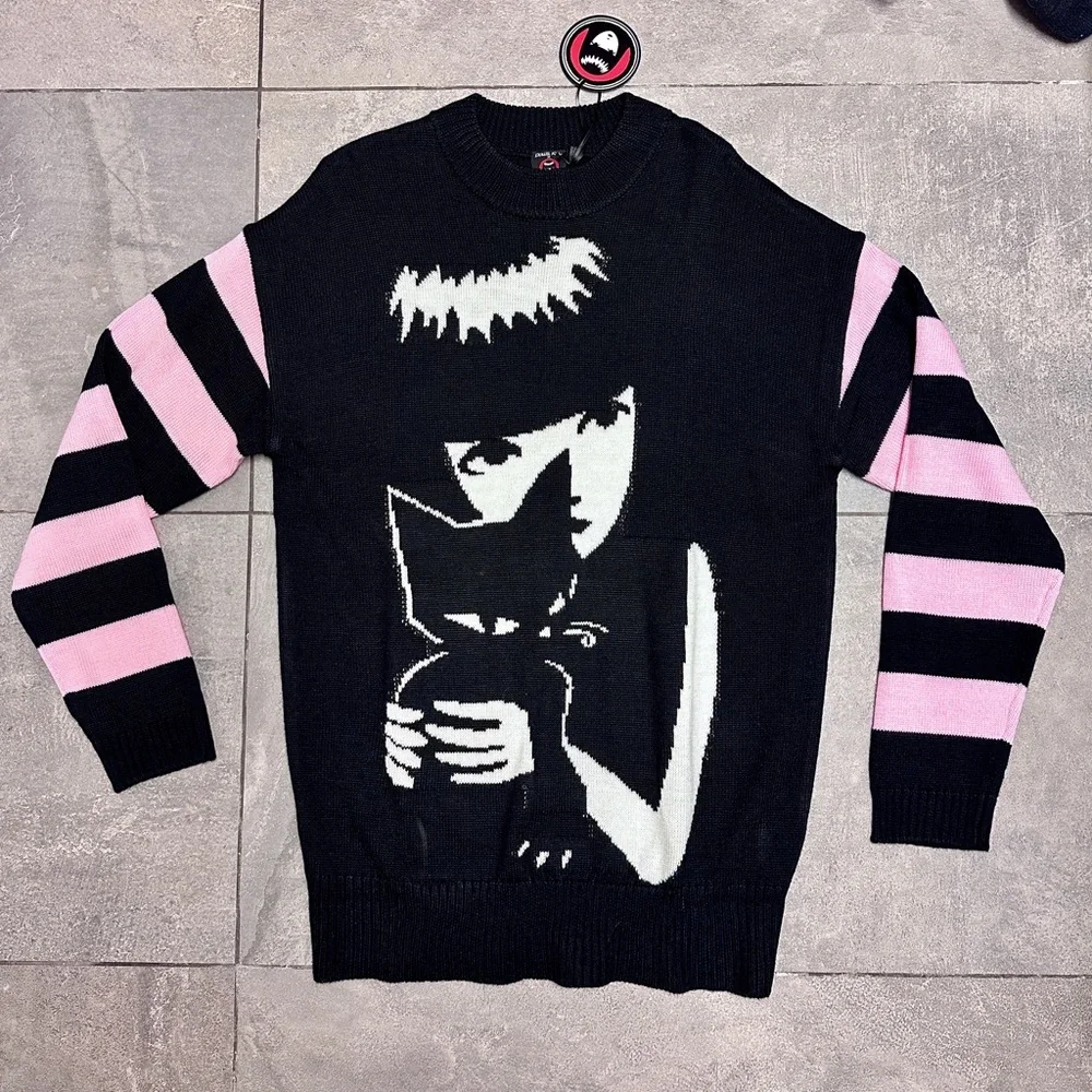 Dolls Kill Emily The Strange Brooding Besties Stripe Knit Sweater Pink Black Cat - Picture 4 of 8